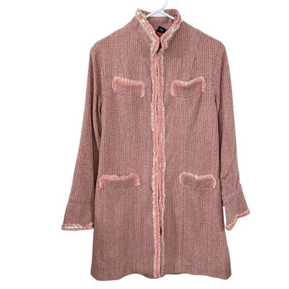 Kenzie pink silk tweed longline jacket with sequined fringe trim size 8